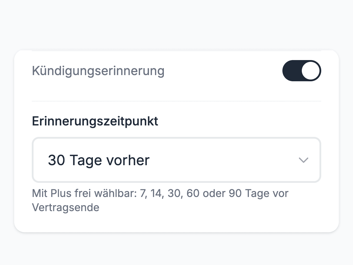 fynshare Erinnerungseinstellungen: Zeitpunkt wählen, wie früh vor einer Frist erinnert wird