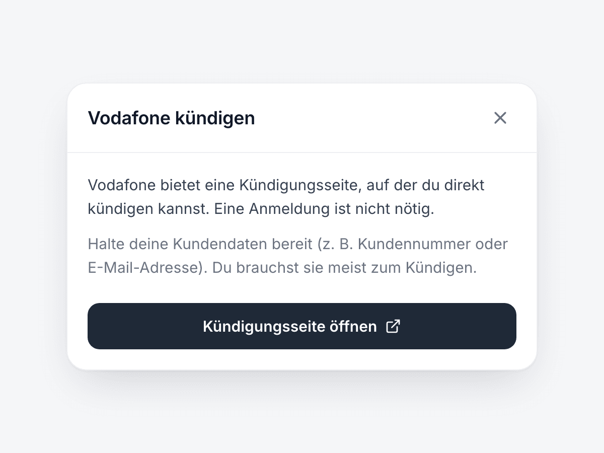 fynshare Online kündigen: Hinweis mit Direktlink zur Kündigungsseite des Anbieters, gekündigt wird beim Anbieter von dir selbst