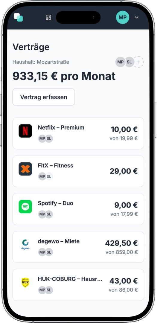 fynshare auf dem Smartphone: Vertragsübersicht des Haushalts in der mobilen Ansicht