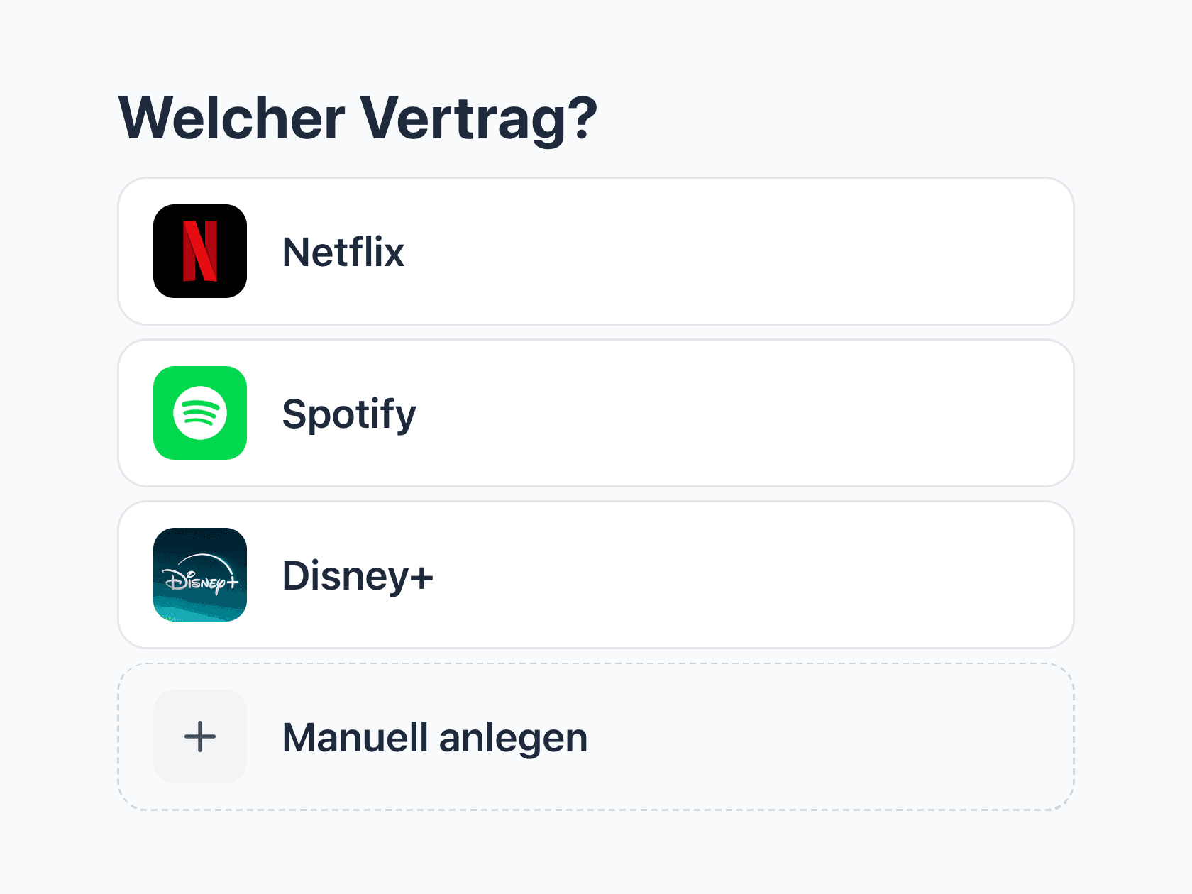 fynshare Anbieterauswahl: Vertrag per Suche oder Anbieter-Logo wie Netflix oder Vodafone in Sekunden anlegen